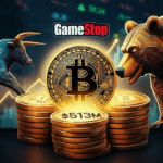 Image containing the logo of GameStop on a pile of bitcoins, showing its Financial and Strategic Management