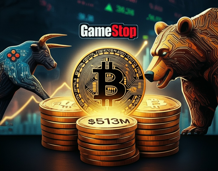 Image containing the logo of GameStop on a pile of bitcoins, showing its Financial and Strategic Management