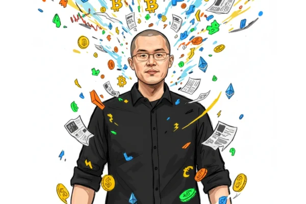 Zhangpeng Zao wearing a black collared shirt. He is looking directly forward with a neutral expression. Around him, various symbols and objects related to finance, cryptocurrency, and media are floating and swirling. These include: