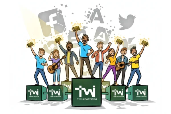 group of eight diverse individuals, both male and female, celebrating with their arms raised in the air, each holding a small, rectangular golden object that resembles a gold bar or a valuable digital token. They are standing on green cube-shaped platforms, each labeled "twi TIWI ECOSYSTEM" in white text. The central platform is slightly larger and reads "twi TIWI ECOSYSTEM" across its front, with the "twi" logo (a stylized "t" and "w" connected) prominently displayed.