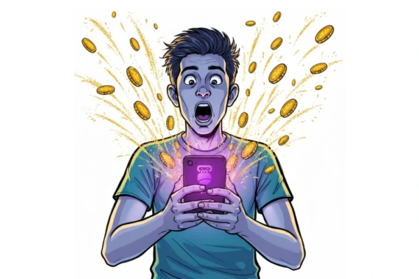 A young crypto trader stares at his phone in disbelief as golden coins burst from the screen like fireworks.