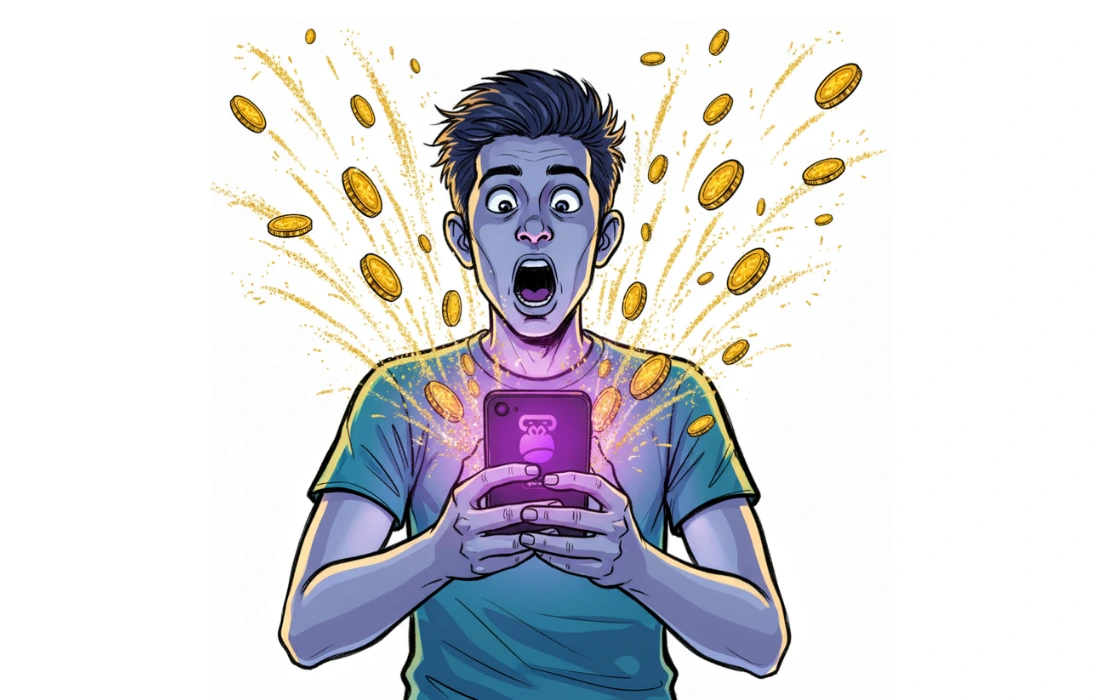 A young crypto trader stares at his phone in disbelief as golden coins burst from the screen like fireworks.