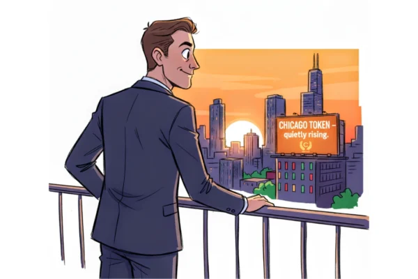 A man, depicted in a cartoonish style with brown hair, is wearing a dark suit with a white shirt and light blue tie. He is seen from the back and slightly to the right, with his head turned to the right as he gazes at the cityscape. His hands are resting on a dark railing in front of him. Setting: The background shows a city skyline at sunset. Tall buildings and skyscrapers are silhouetted against an orange and yellow sky, indicating either sunrise or sunset. The sun is visible as a bright orange circle near the horizon.