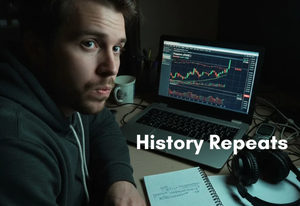 A man with short, light brown hair and a beard, looking towards the right side of the frame with a somewhat pensive expression. He is wearing a dark grey hooded sweatshirt. He is seated at a desk or table in what appears to be a dimly lit room.