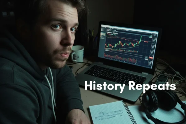 A man with short, light brown hair and a beard, looking towards the right side of the frame with a somewhat pensive expression. He is wearing a dark grey hooded sweatshirt. He is seated at a desk or table in what appears to be a dimly lit room.